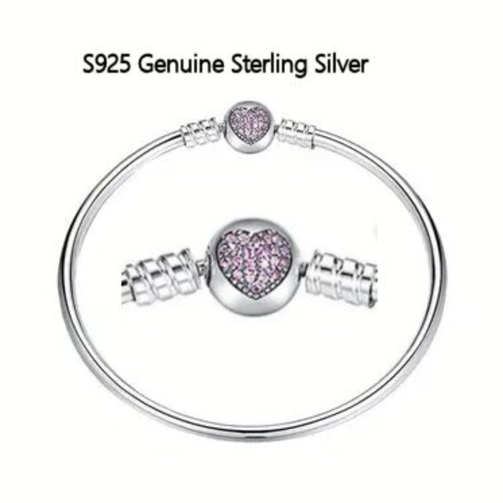 Sterling Silver Pink Pave Heart Bangle Bracelet 7.5" and 8.3" Stamped In Barrel